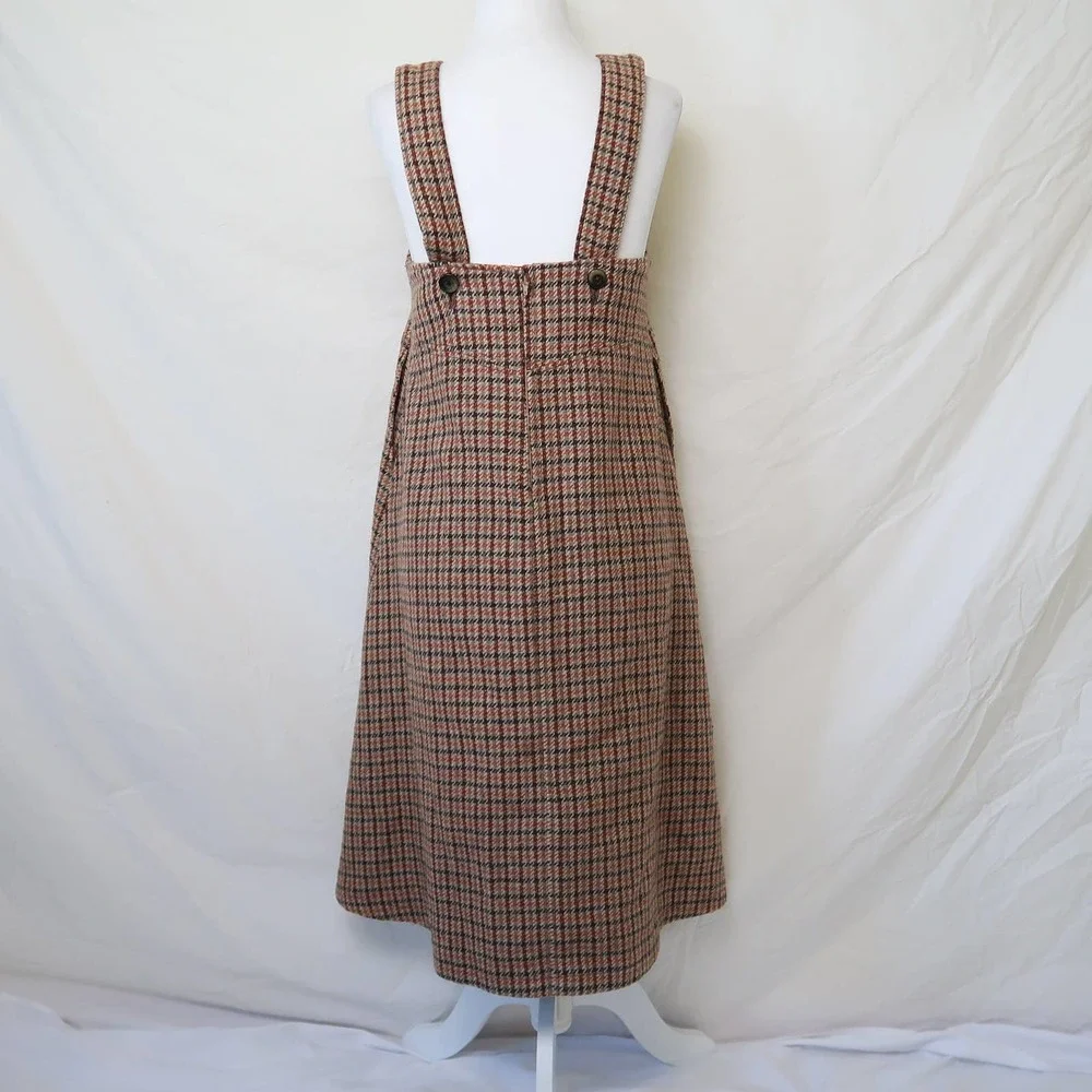 Vintage tan brown houndstooth plaid midi jumper overall dress S - Picture 5 of 7
